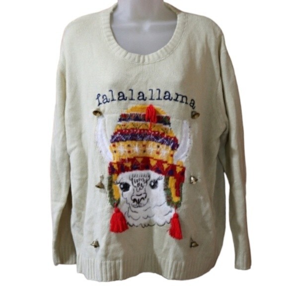 Falalala Llama Ugly Bells Jingles Christmas Sweater Llama in Hat Sweater - Picture 1 of 12